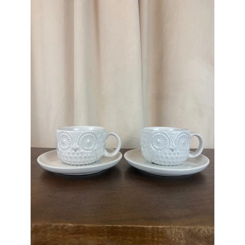 West‎ Elm PAIR (2) White Embossed Ceramic Owl Mugs and Saucers RARE
